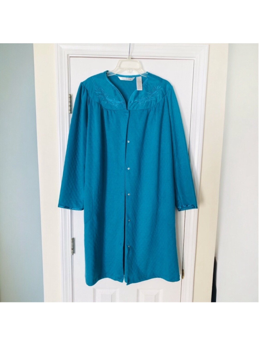 Vintage Vibrant Teal Jasmine Rose Snapfront Robe Housecoat Coastal Grannycore